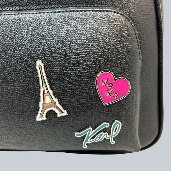 Karl Lagerfeld Paris Faux Leather Backpack With Eiffel Tower & Heart Pin Accents - Picture 7 of 10